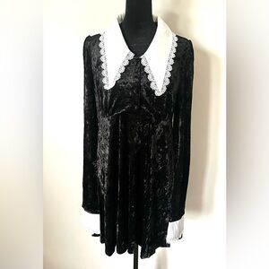 Widow Black Stretch Crushed Velvet Mini Babydoll Dress White Collar Cuffs Medium